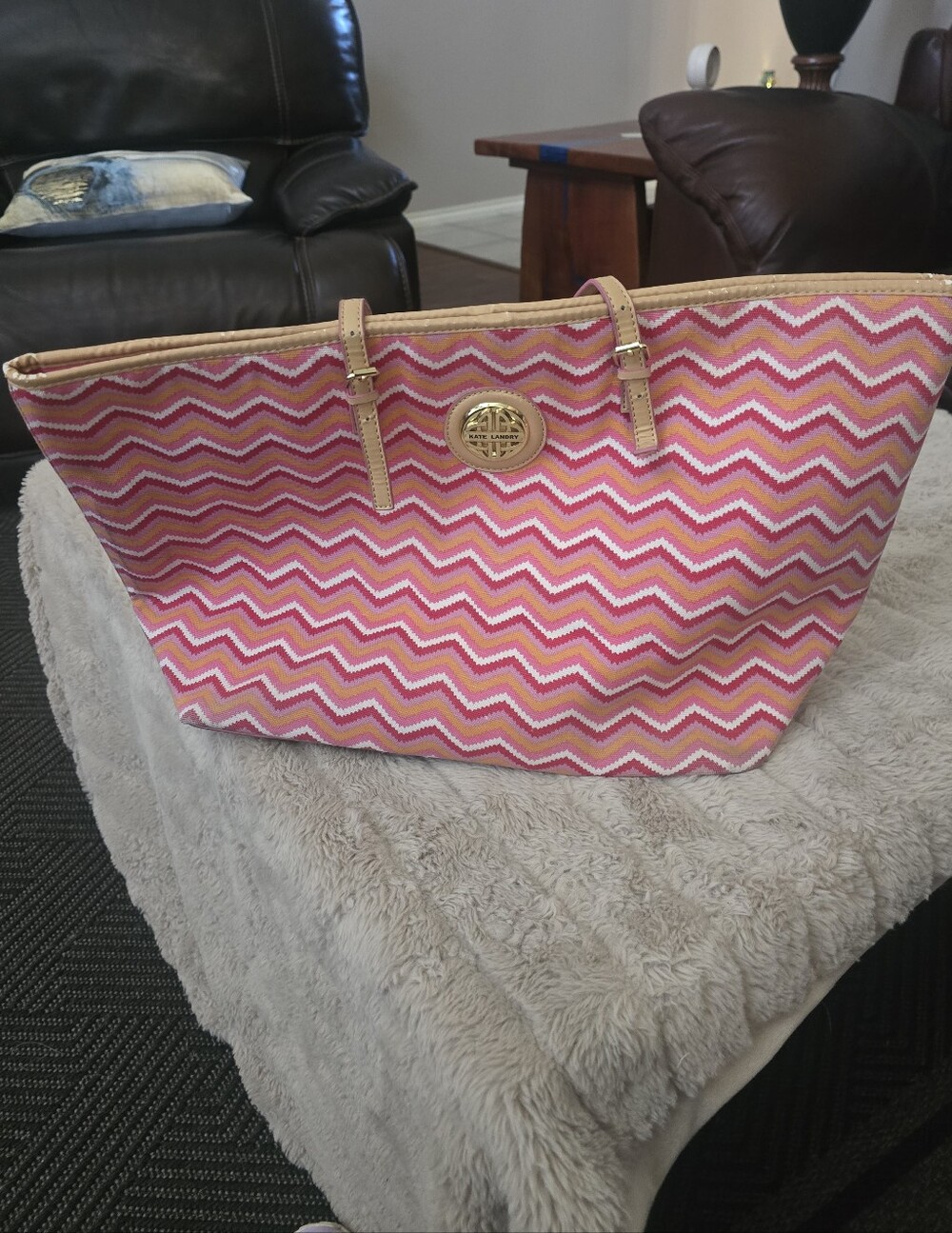 Kate Landry Pink Chevron Tote with Tan Trim and Gold Emblem